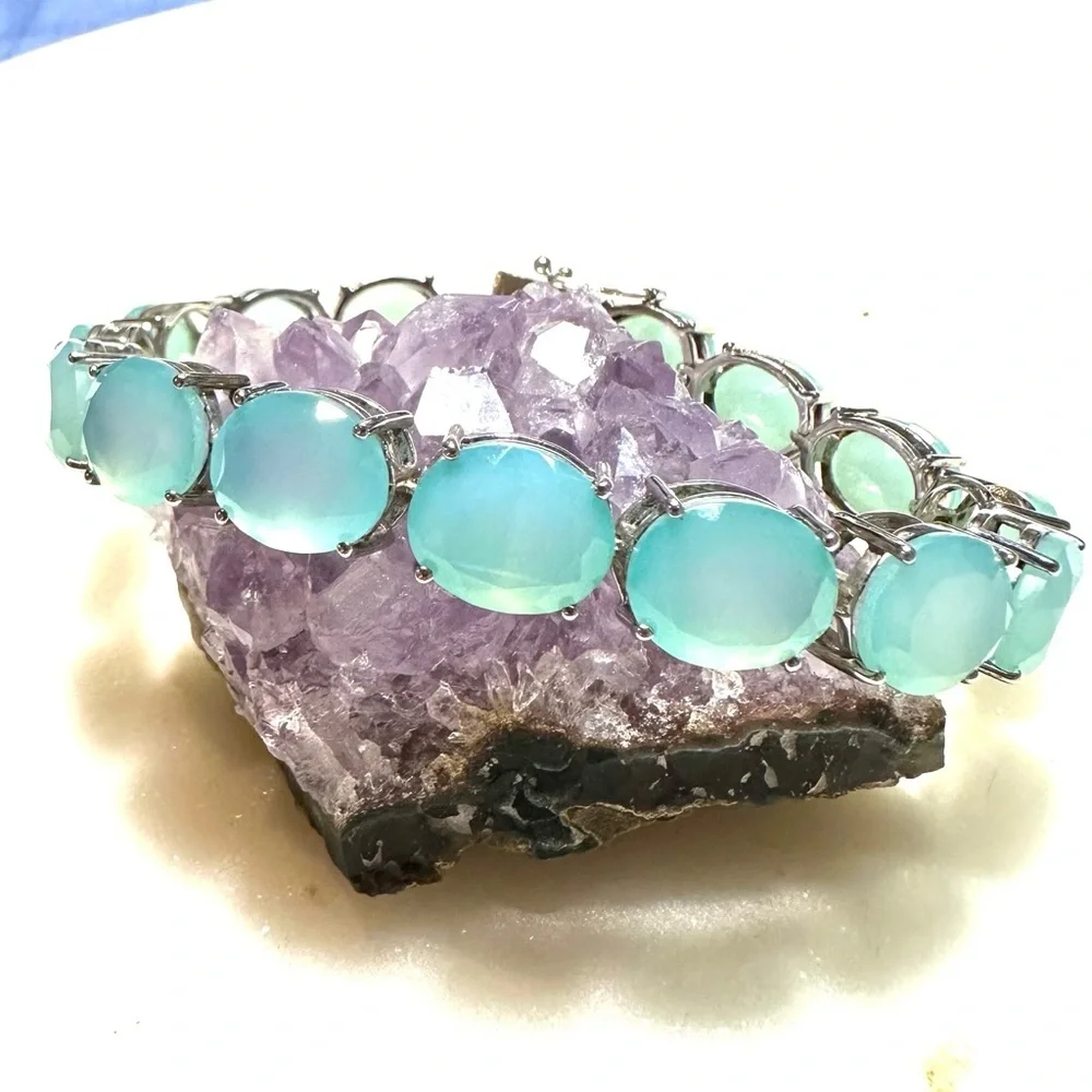 Oval Faceted Aqua Blue Chalcedony Sterling Silver Line Tennis Bracelet 12mm